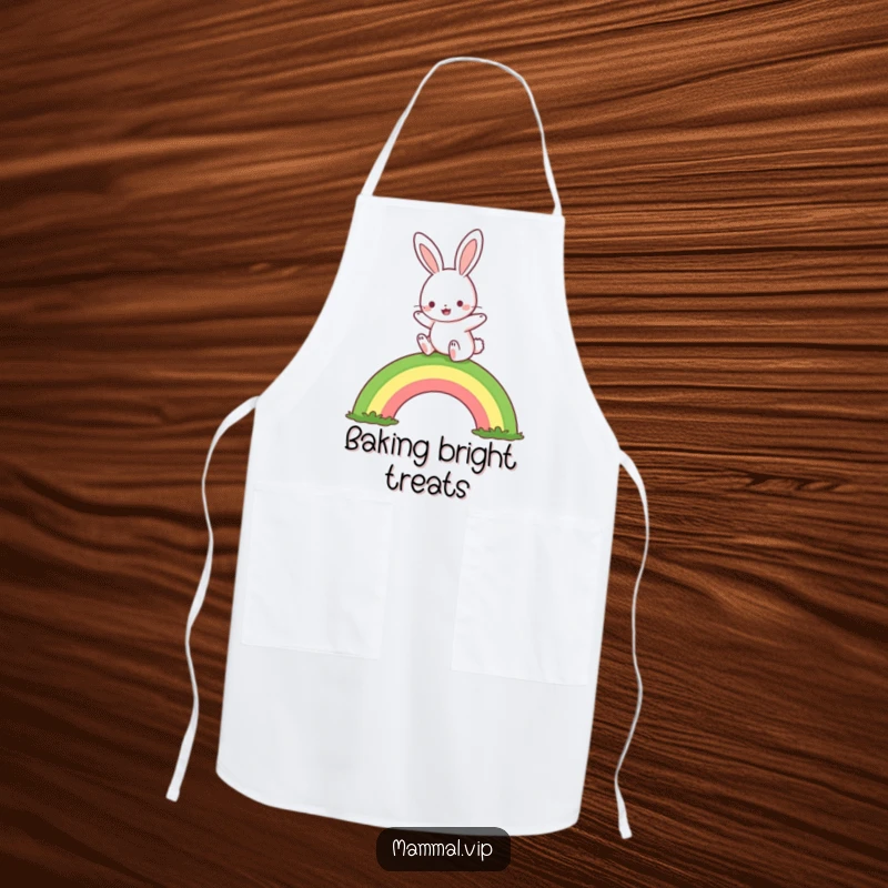 Funny rabbit rainbow hop apron, showing a cute character joyfully hopping over a rainbow, great for cooking and a funny gift.