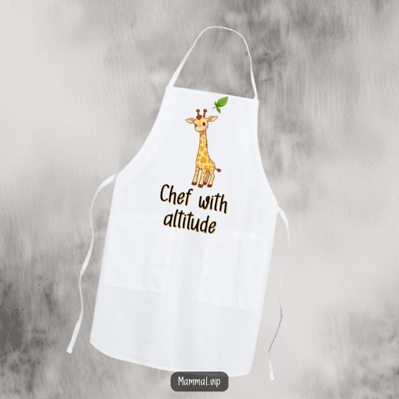 Funny apron showcasing a curious giraffe character stretching its long neck towards a high leaf, perfect for a stylish and clean cooking experience.