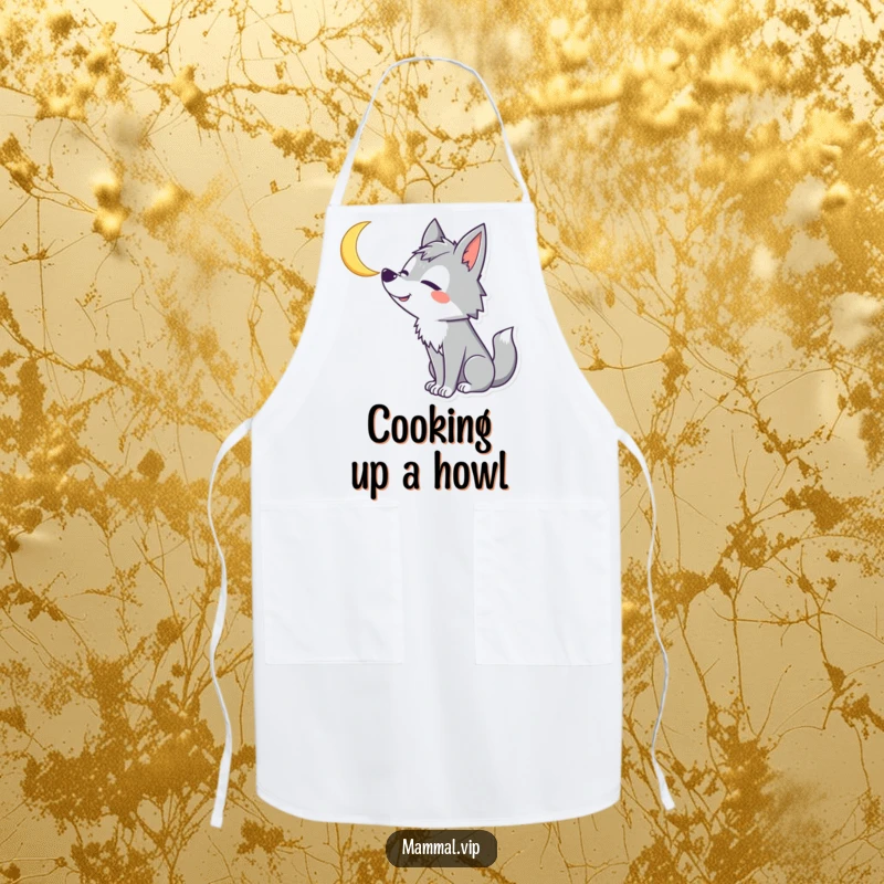 Funny Wolf Apron: A silly wolf character howls at a crescent moon, designed for kitchen fun and humorous cooking.