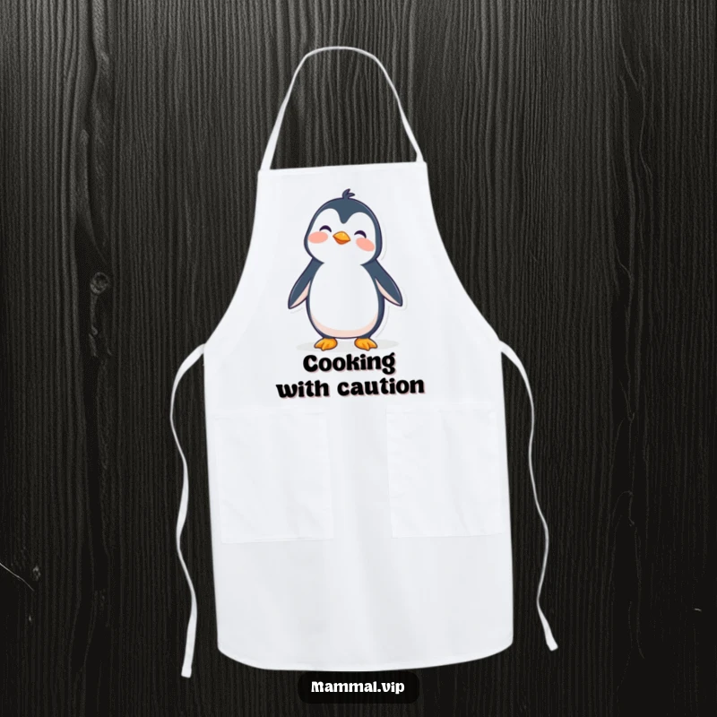 Funny apron featuring a wobbly penguin character trying to stand upright, adding humor to kitchen activities.