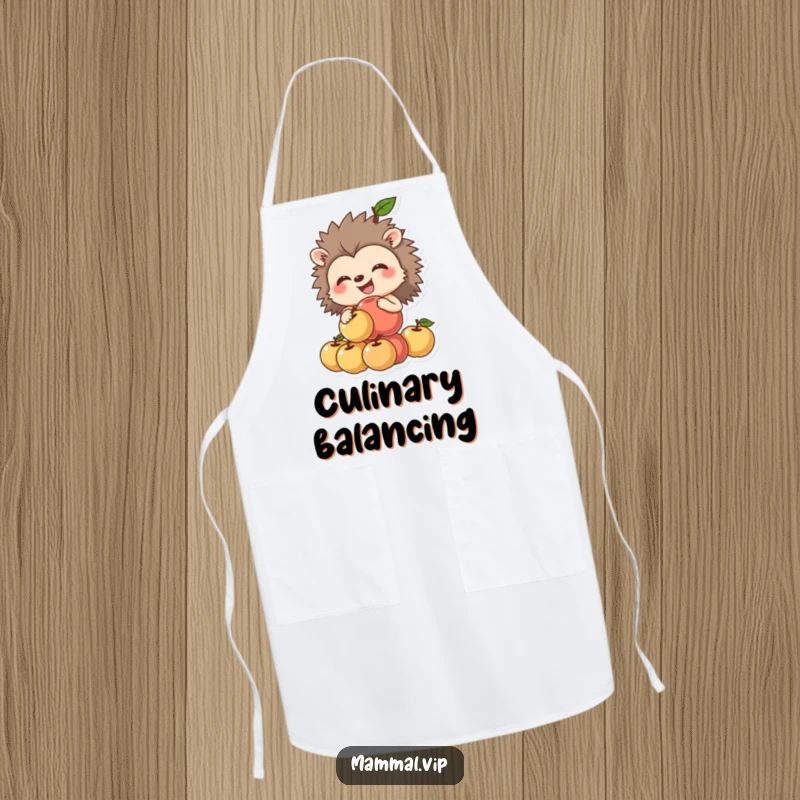 Funny hedgehog apron with a grinning hedgehog balancing a precarious stack of apples, ready for kitchen fun and humor.