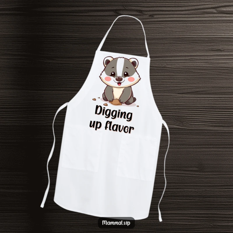 Funny Apron featuring a happy badger enthusiastically digging with its paws, perfect for chefs who want to add humor and a spirited attitude to cooking.