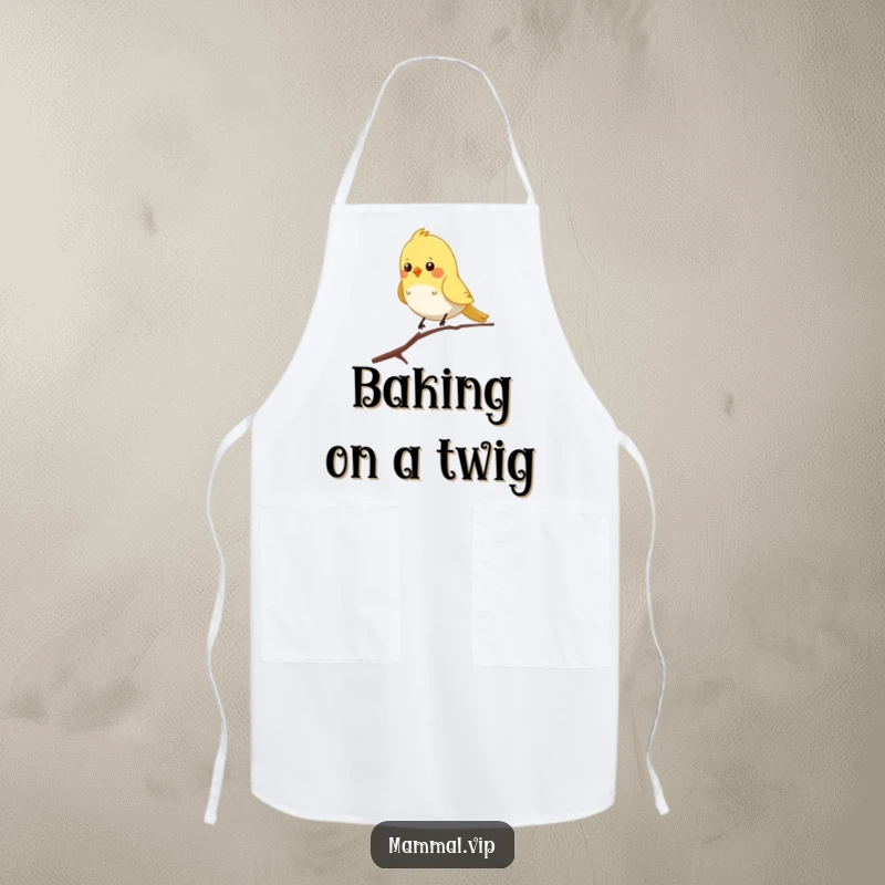 Funny apron featuring a chirpy bird character balancing on a single skinny branch, adding a touch of lighthearted humor to cooking.