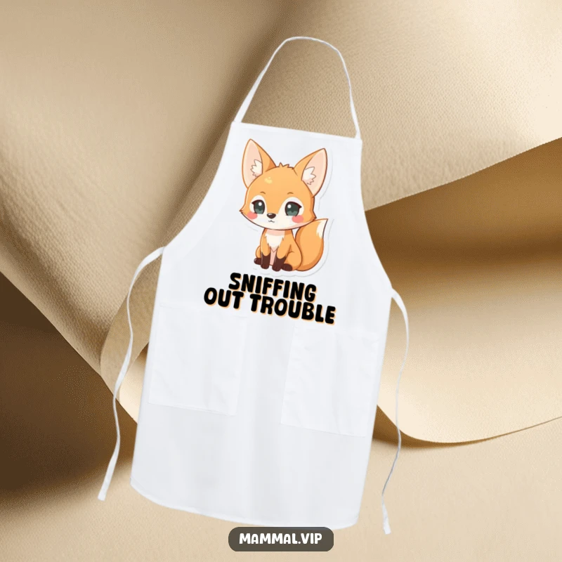 Funny curious fox apron, a kitchen accessory showing a clever fox, great for cooks who appreciate smart design.