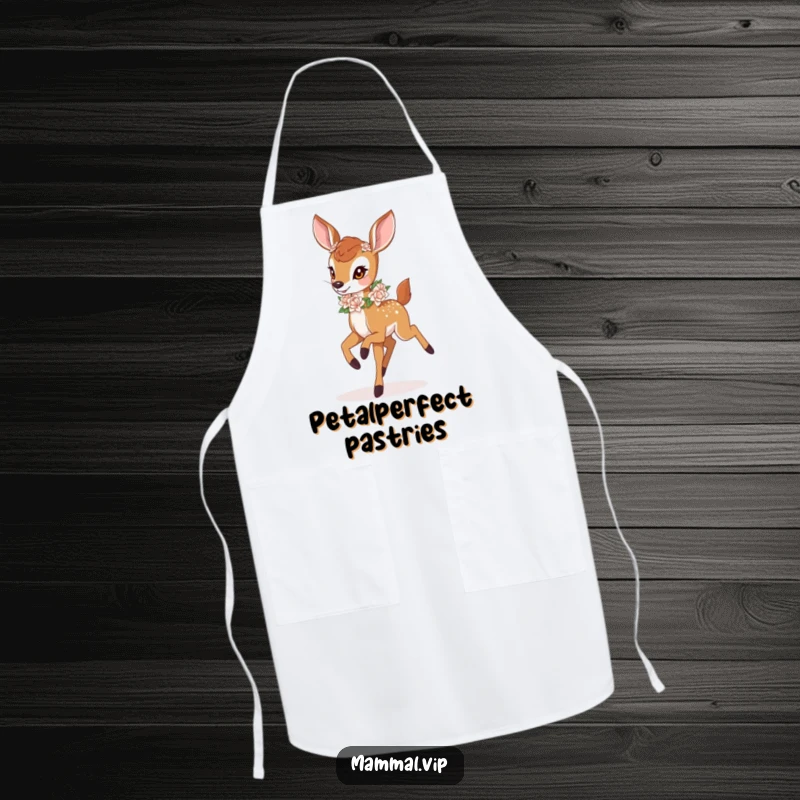 Funny deer fawn with a flower garland, on a kitchen apron. A cheerful and funny gift.