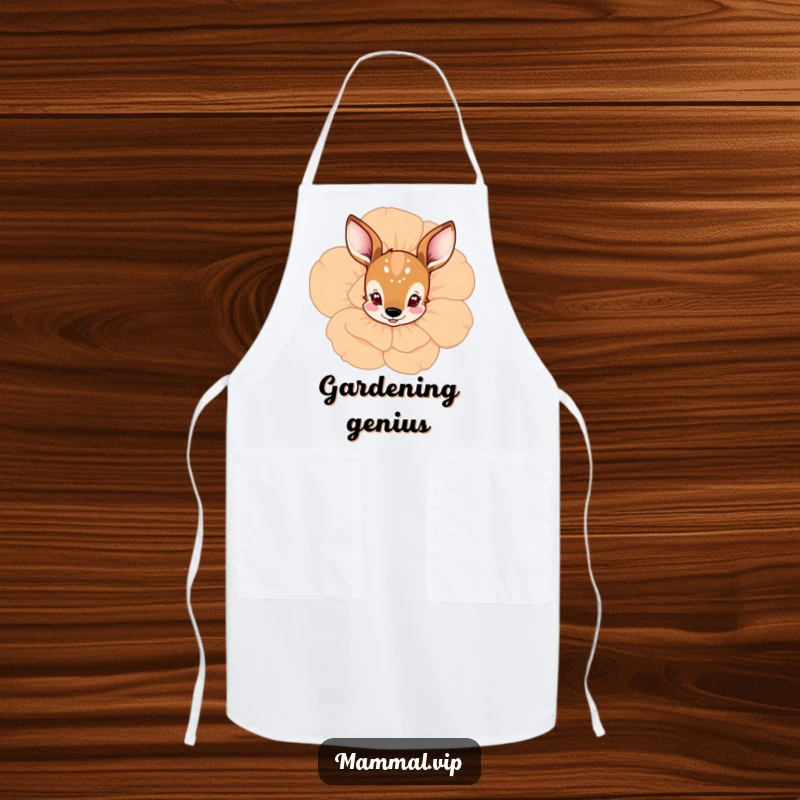 Funny deer peeking from behind a flower apron, showing a curious character among blooms, great for cooking and a funny gift.