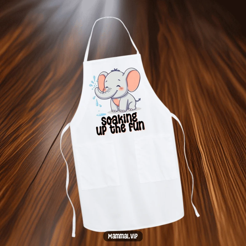 Funny Apron featuring a grinning elephant character spraying water from its trunk, perfect for cooks who want to add humor and playful energy to meal prep.