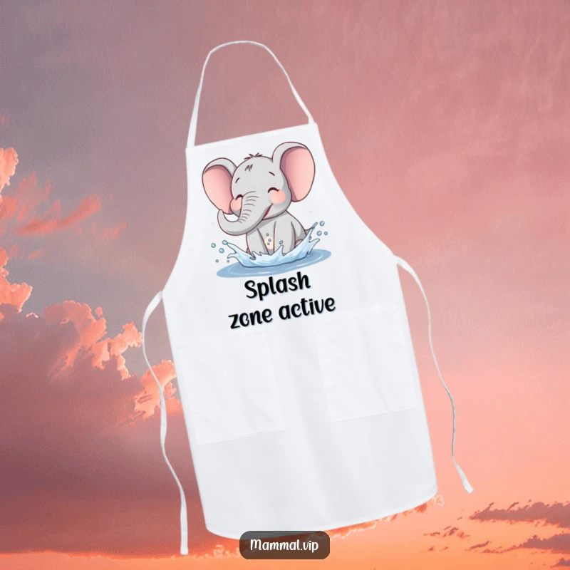 Funny Elephant Apron showing a happy elephant gleefully splashing water, a humorous and practical kitchen accessory.