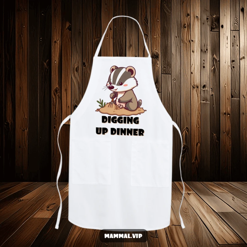 Funny energetic badger apron with a determined character digging enthusiastically in soft soil, ideal for a hardworking cook.