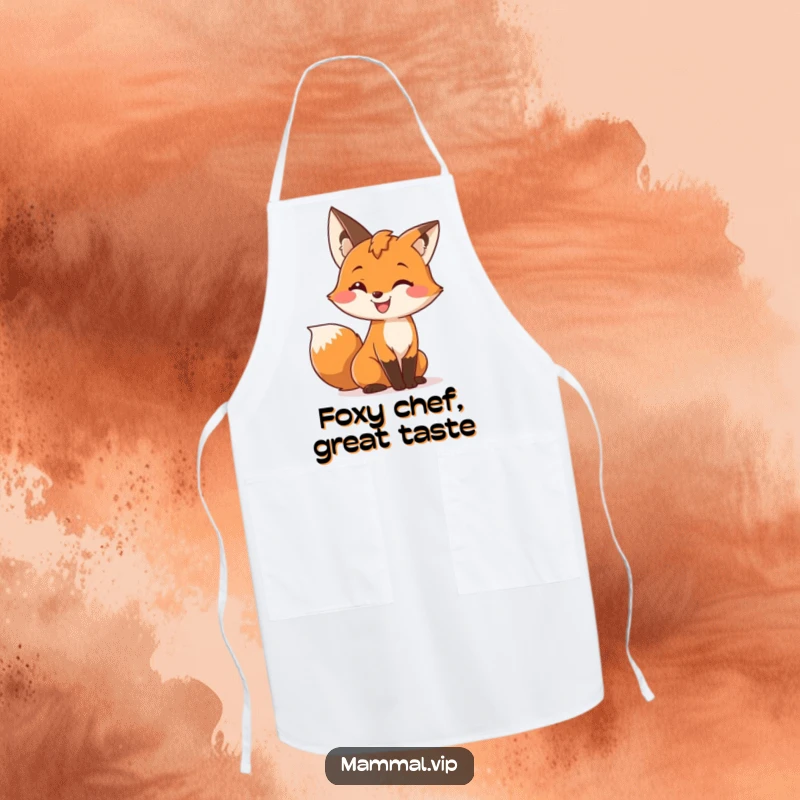 Funny apron with a cute fox character with a wide grin, wiggling its bushy tail, a humorous and charming kitchen accessory.