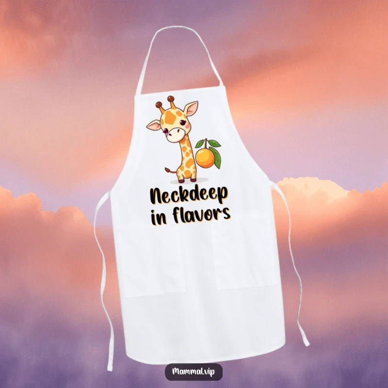 Funny apron showing a cute giraffe character comically attempting to reach a low-hanging fruit, perfect for adding animal humor to cooking.