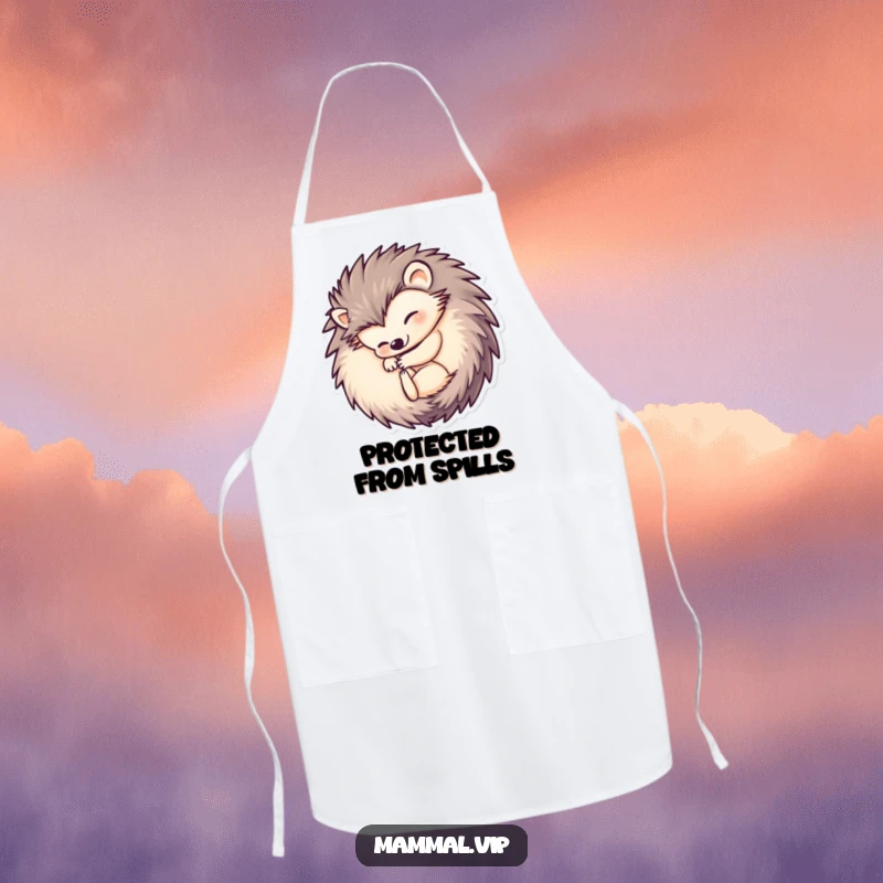 Funny hedgehog apron illustrating a cute hedgehog character curled into a protective ball, ready for kitchen adventures with a humorous twist.