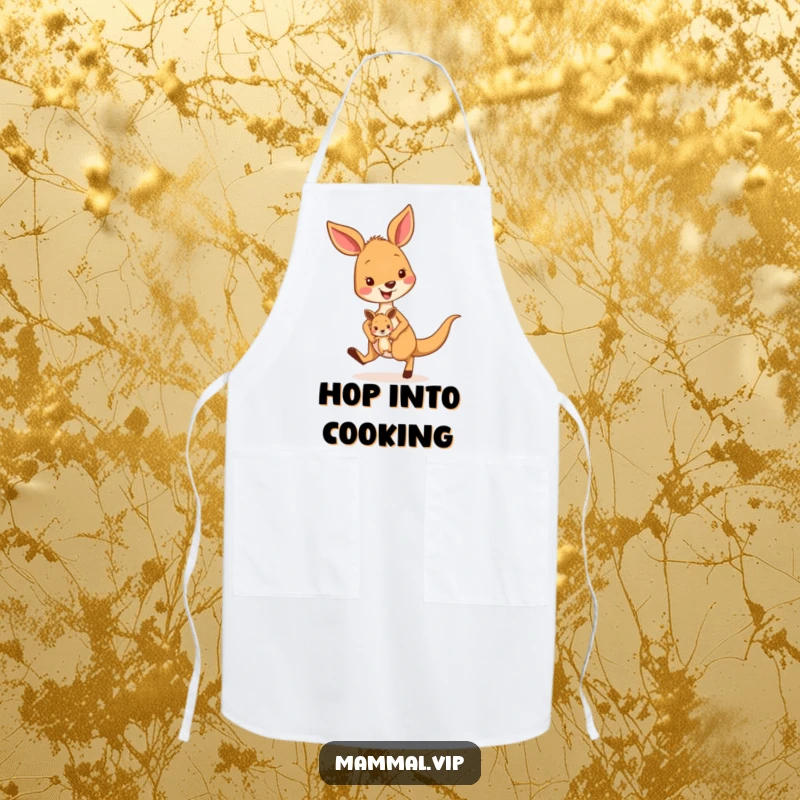 Funny kangaroo apron featuring an energetic character hopping with a joey, ideal for cooks and crafters who enjoy a lively and humorous atmosphere.