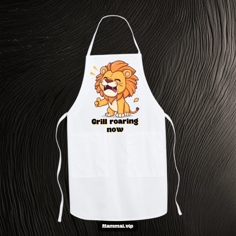 Funny Lion Apron showing a determined lion roaring with comical sound effects, a humorous kitchen accessory.