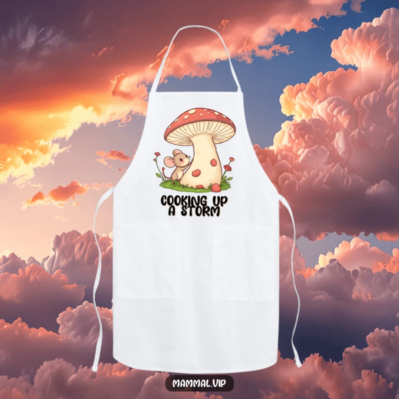 Funny apron showcasing a tiny mouse character excitedly exploring a giant mushroom, adding whimsical flair to kitchen tasks.