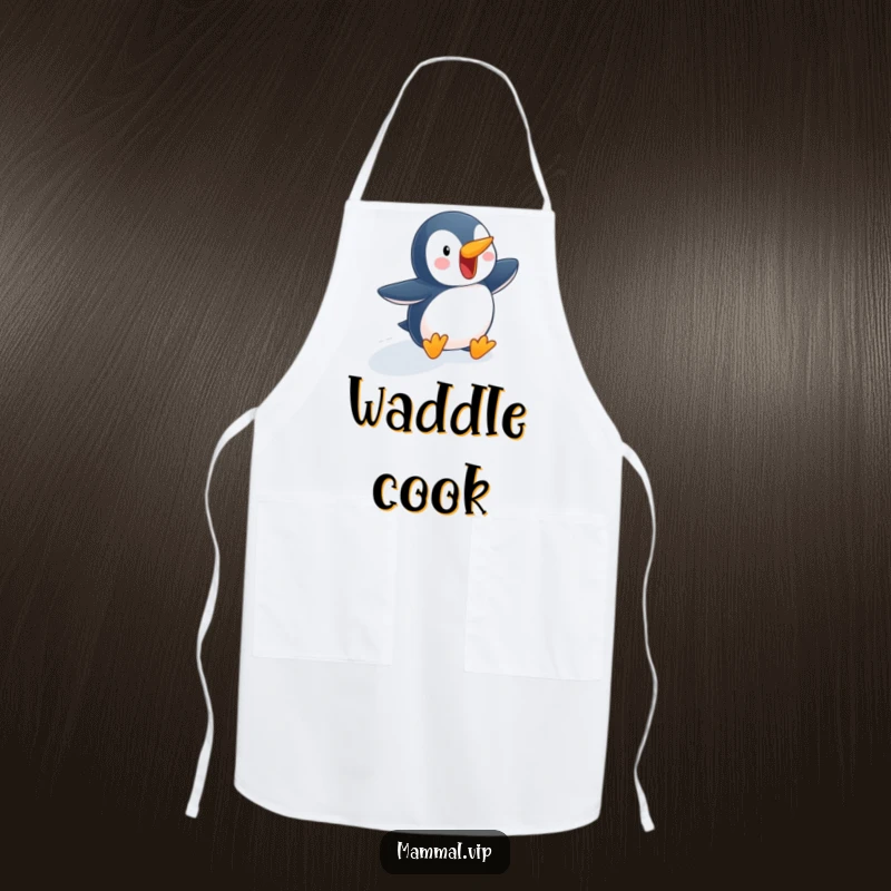 Funny penguin apron featuring an excited character waddling down a snowy slope, ideal for cooks and bakers who love a humorous and wintry theme.