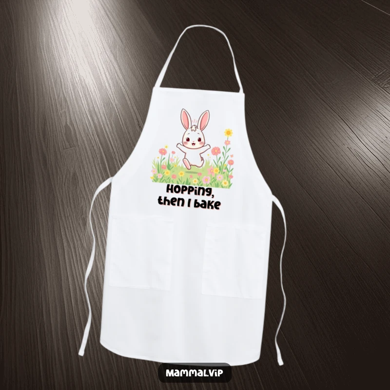 Funny bouncy rabbit apron with a character enthusiastically hopping through a field of flowers, ideal for kitchen fun.