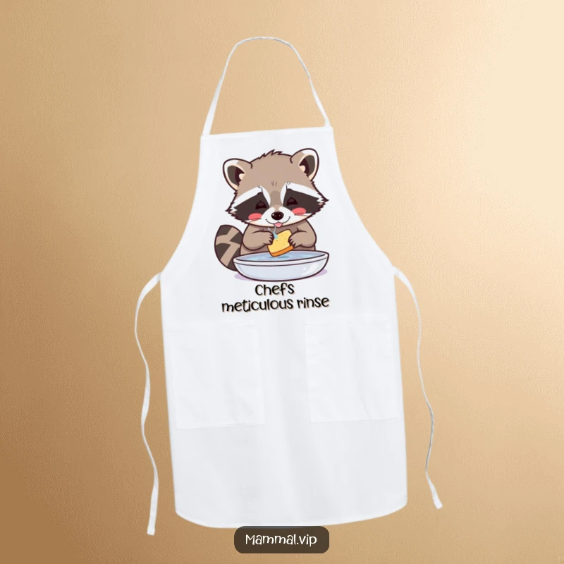 Funny Raccoon Apron: Playful raccoon character washing food with great care, designed for kitchen fun and humorous cooking.