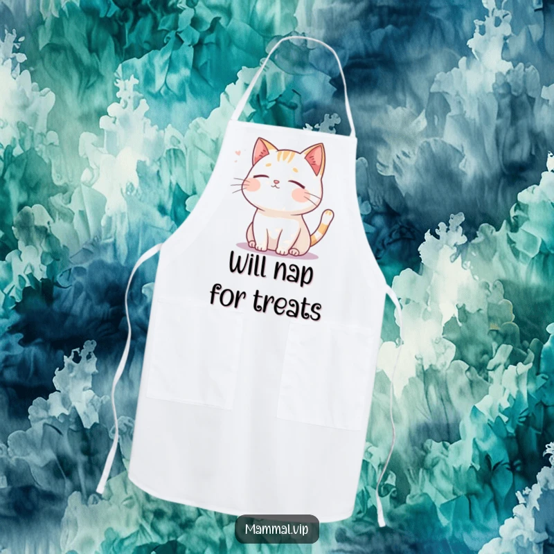 Funny cat apron, a serene cartoon cat with closed eyes, enjoying a gentle breeze, perfect for a peaceful cooking experience.