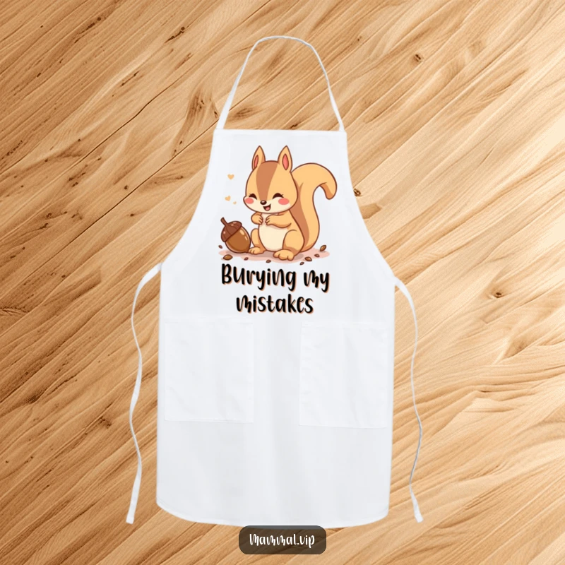 Funny apron showcasing a playful squirrel character chattering while burying an acorn, adding whimsical protection to kitchen wear.