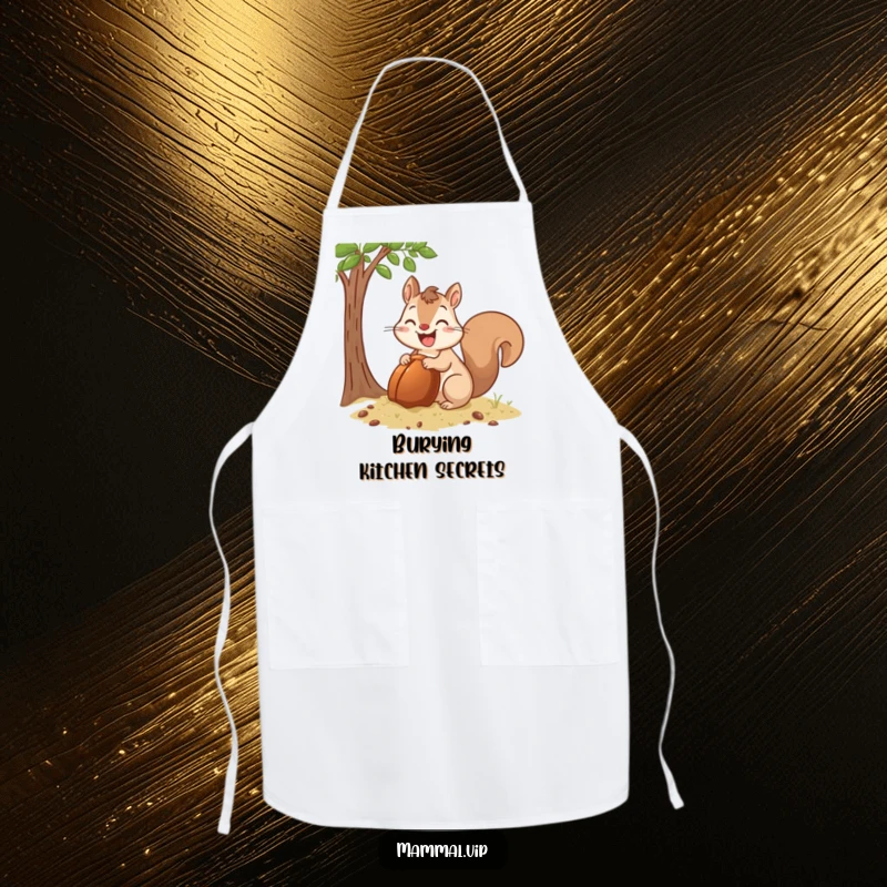 Funny Apron with a happy squirrel character excitedly burying a giant acorn, perfect for kitchen tasks and a touch of humor.