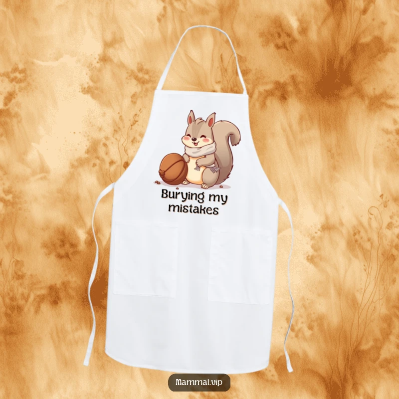 Funny apron: a squirrel in a scarf burying a large nut, ideal for cooks who love seasonal themes.