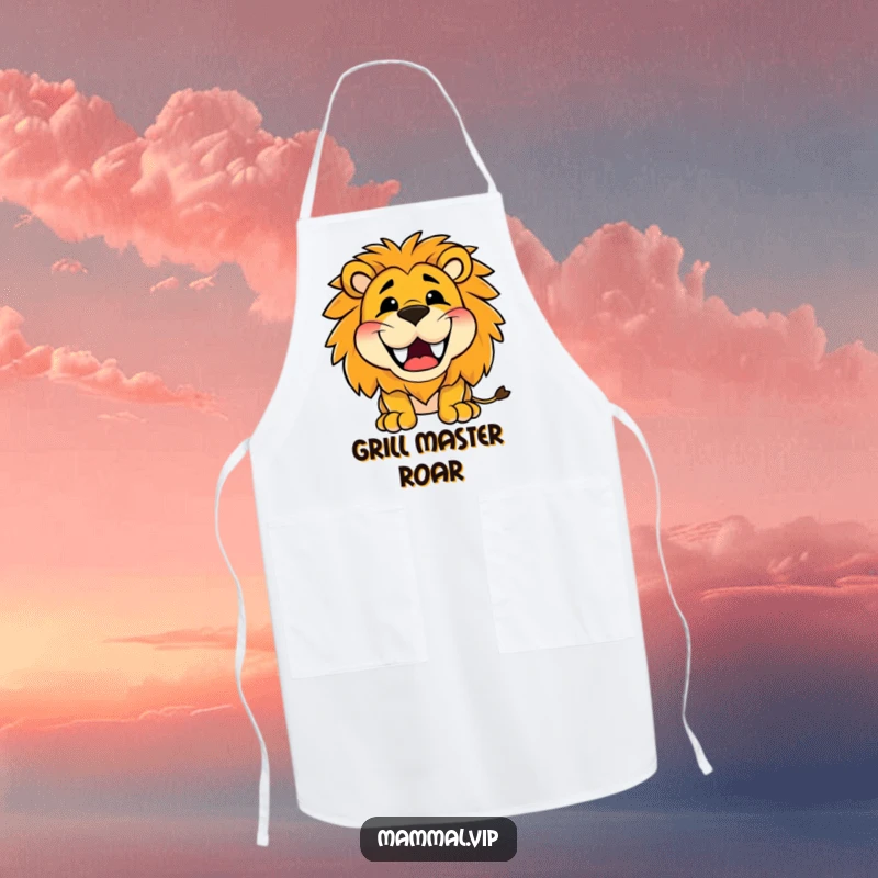 Funny apron showcasing a happy lion character roaring with a wide, toothy grin, perfect for a joyful and messy cooking experience.