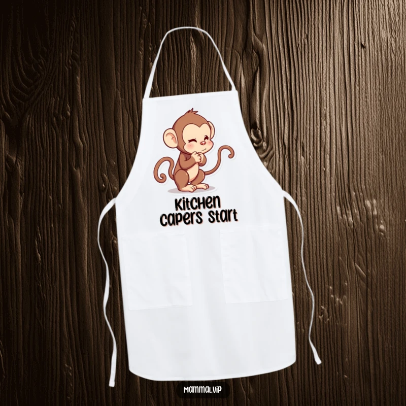Funny apron showcasing a curious cartoon monkey playfully tugging its own tail, ideal for kitchen humor.