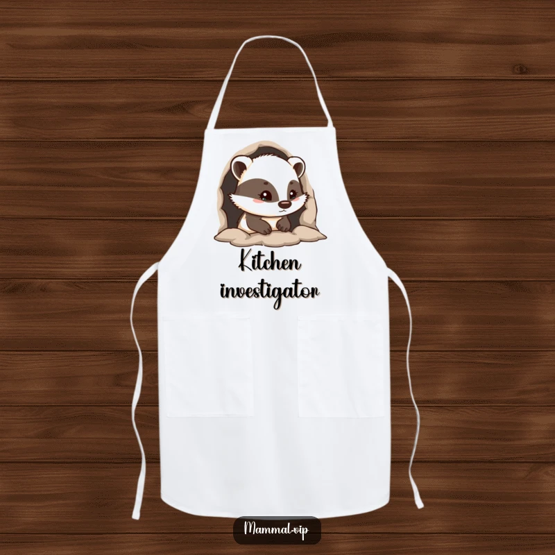 Funny apron depicting a curious badger peeking from its burrow entrance, adding a touch of playful curiosity to kitchen tasks.