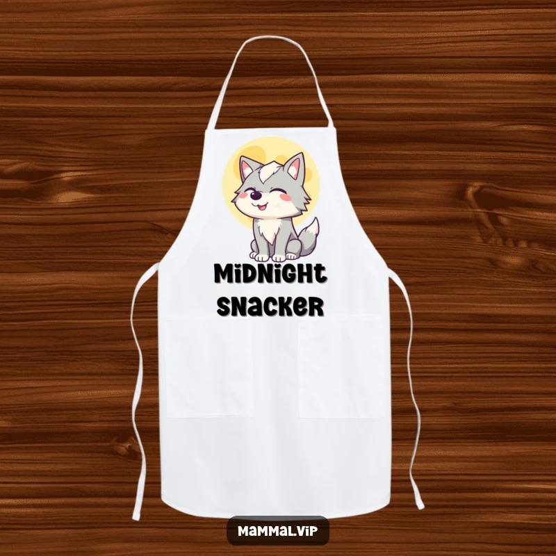 Funny apron depicting a winking wolf howling happily at a full moon, making kitchen tasks an amusing and enjoyable experience.