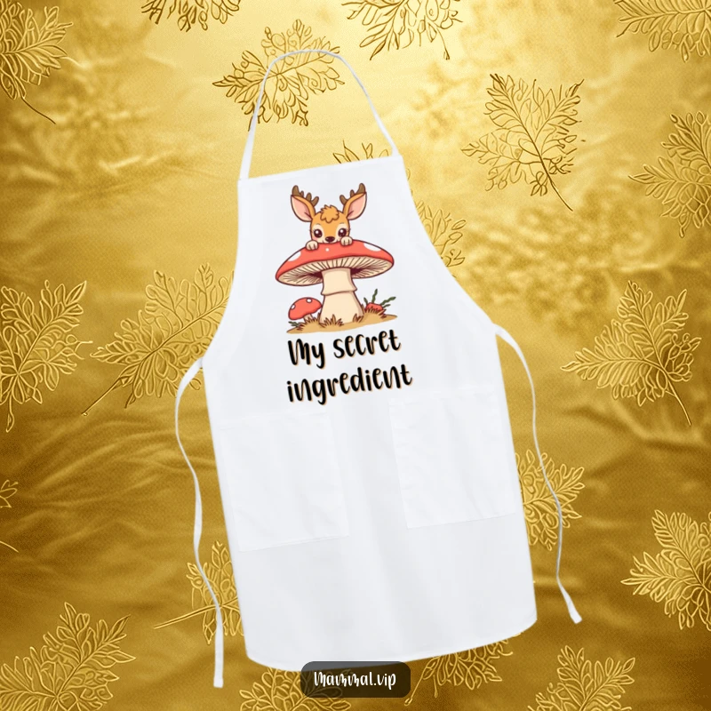 Funny deer apron showing a curious deer peeking over a large, stylized mushroom, great for a funny kitchen.