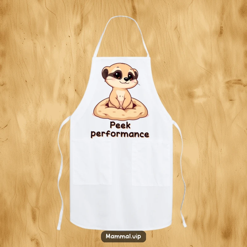 Funny apron showing a curious meerkat character popping its head out from a tiny burrow, adding humor to kitchen activities.
