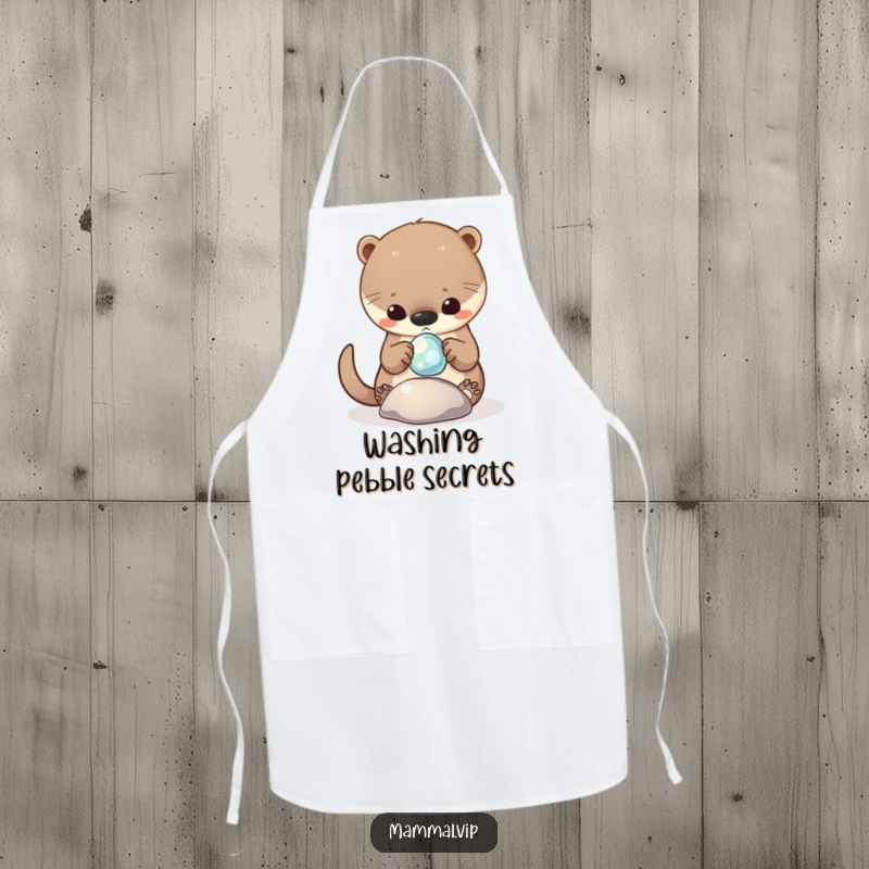 Funny Apron with a curious otter character playing with a shiny, floating pebble, ready for kitchen fun.