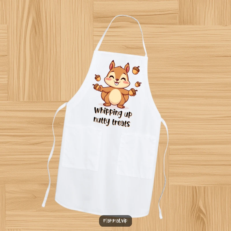 Funny Squirrel Apron: A cheerful squirrel character juggling acorns while wearing an apron, ideal for fun cooking.