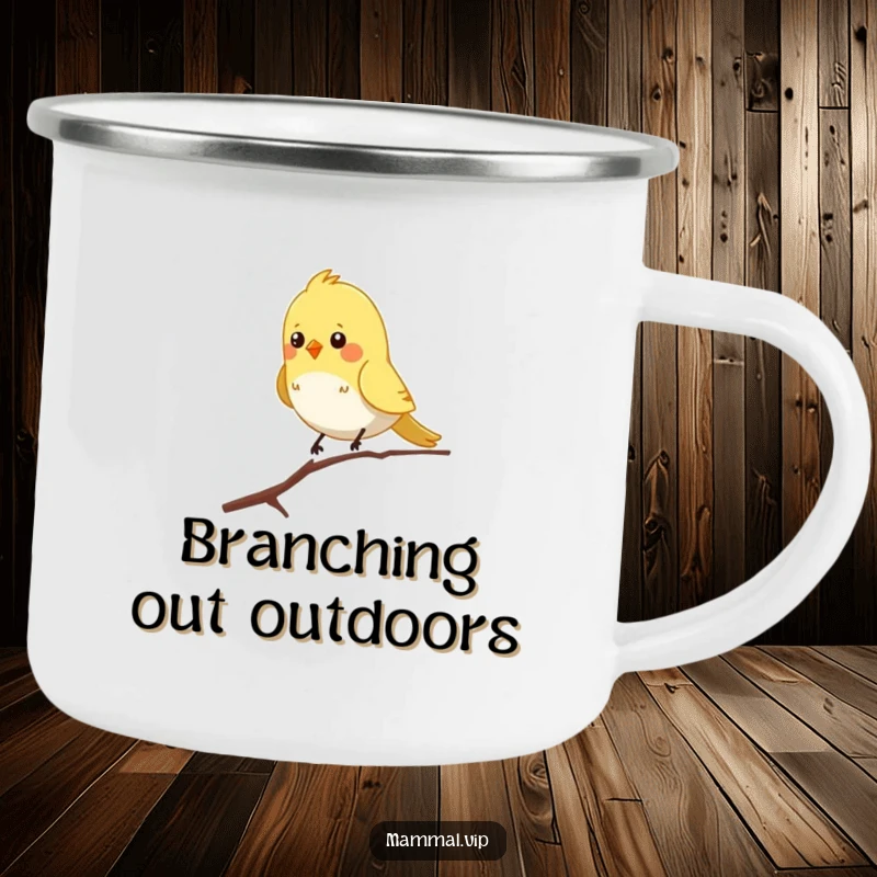 Funny camping mug showing a chirpy bird character balancing on a single skinny branch, great for outdoor enthusiasts who love nature.