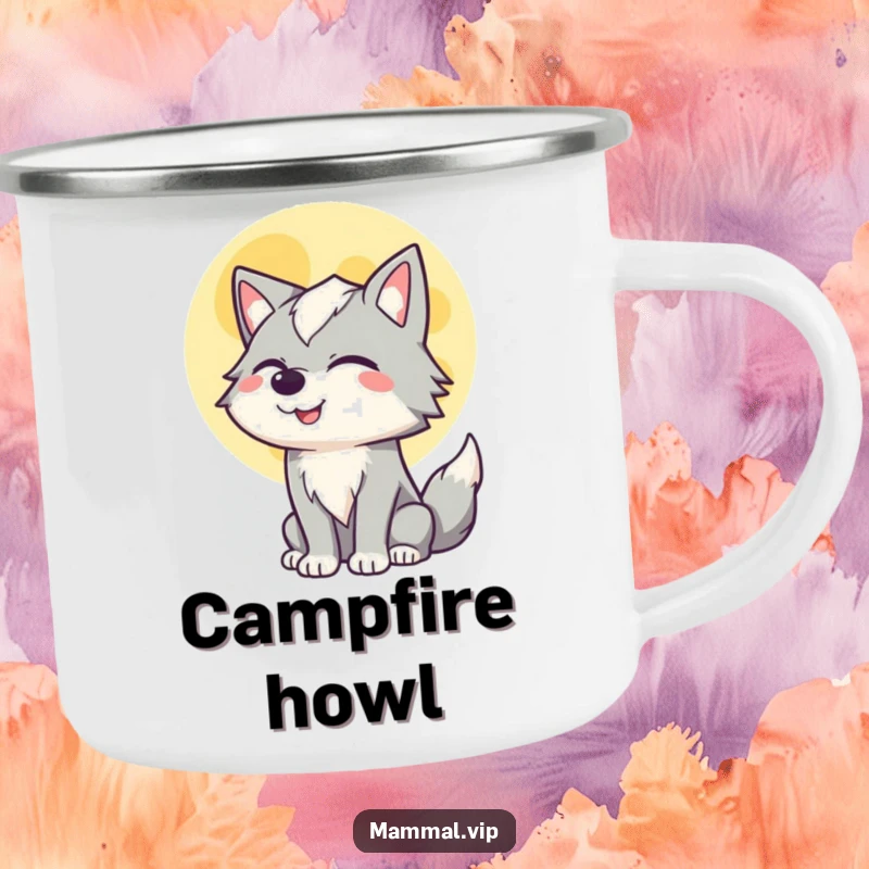Funny camping mug with a winking wolf howling at a full moon, designed for outdoor enthusiasts who appreciate humor.