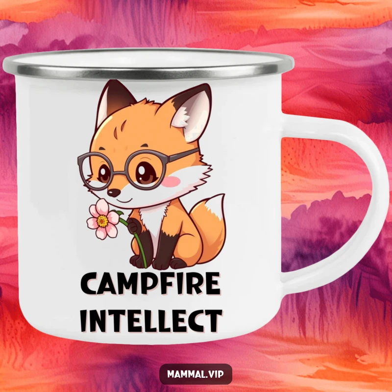 Funny fox wearing spectacles, on a rustic camping mug. A wise and funny gift.