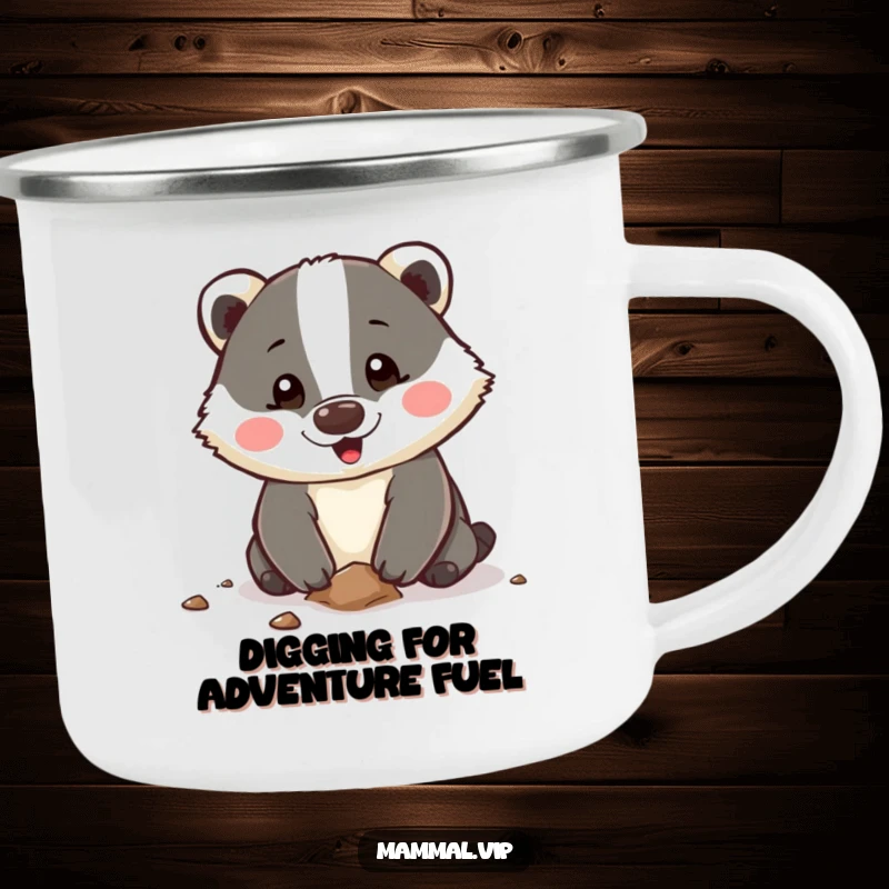 Funny Camping Mug showcasing a happy badger character digging with its paws, ideal for campers who need a dose of cheerful energy and motivation.