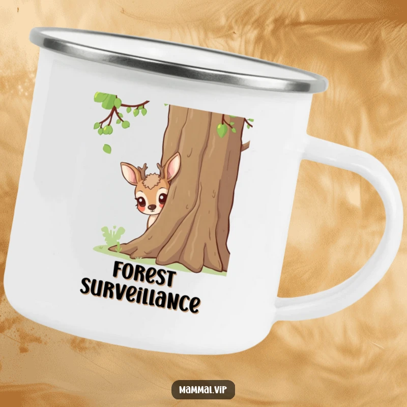 Funny deer peeking from behind a tree in a nature scene, a humorous camping mug.