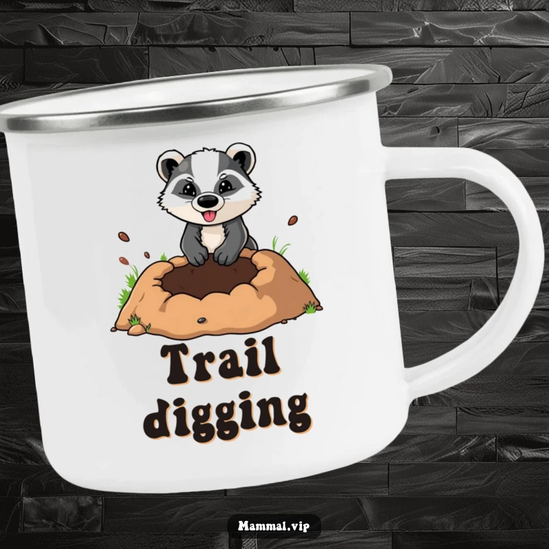 Funny camping mug depicting a determined badger character digging a large hole, perfect for outdoor enthusiasts who appreciate perseverance.