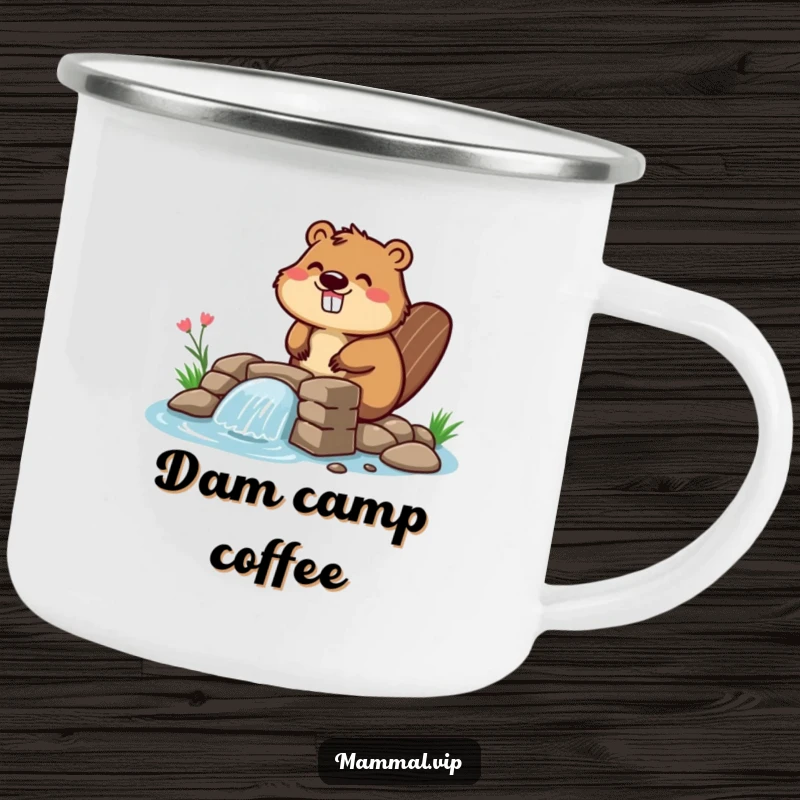 Funny beaver camping mug showing an enthusiastic character building a small dam, perfect for enjoying drinks during outdoor adventures with a humorous flair.