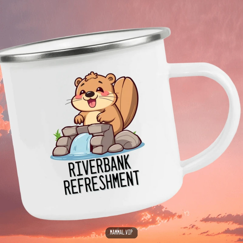 Funny beaver camping mug showcasing a happy beaver enthusiastically building a dam, ideal for rugged, humorous outdoor enjoyment.