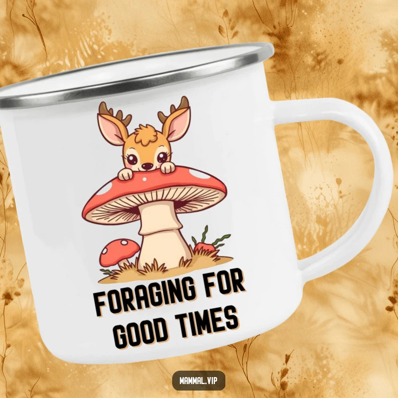 Funny deer camping mug showing a curious deer looking over a stylized mushroom, ideal for outdoor enthusiasts.
