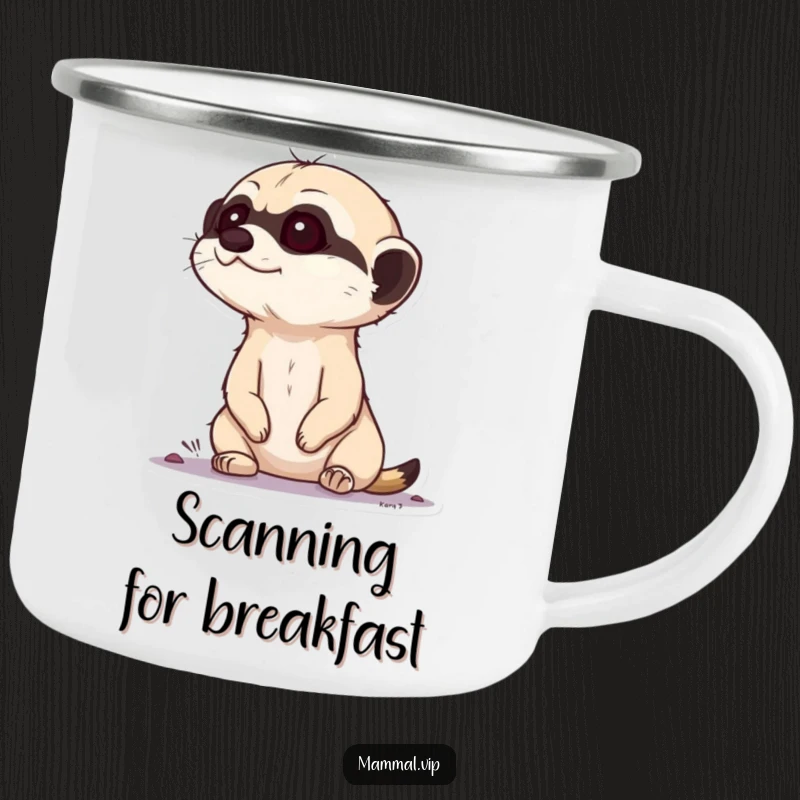 Funny Meerkat Camping Mug: Curious meerkat character popping its head up, looking around, designed for outdoor adventures and humor.