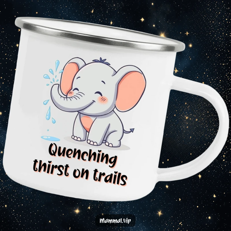 Funny Camping Mug showcasing a grinning elephant character spraying water, ideal for campers who need a dose of cheerful fun and playful energy.