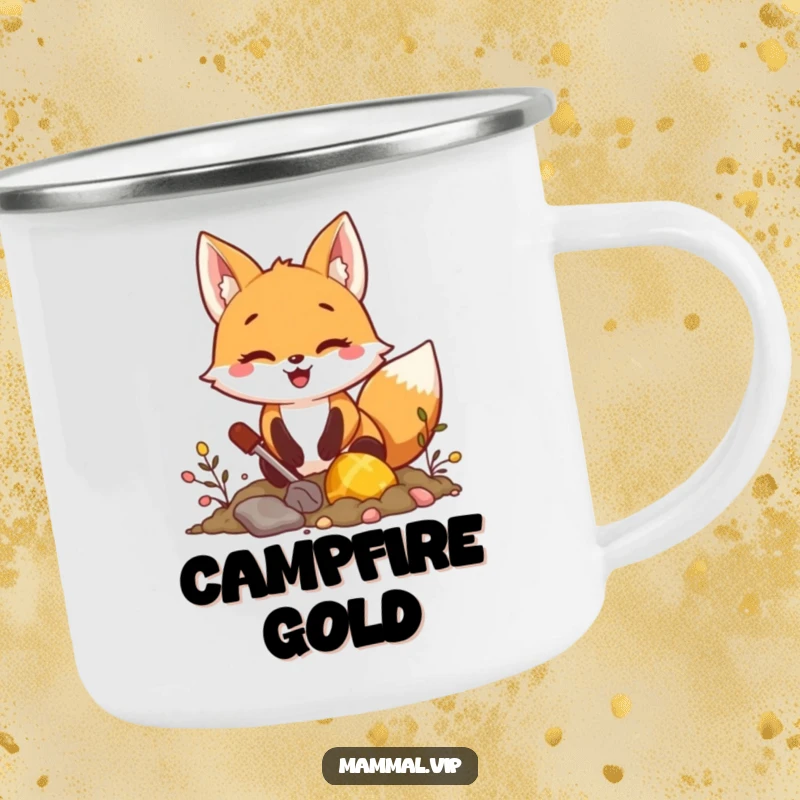Funny fox digging for treasure camping mug, showing an excited character seeking hidden riches, perfect for outdoors and a funny gift.