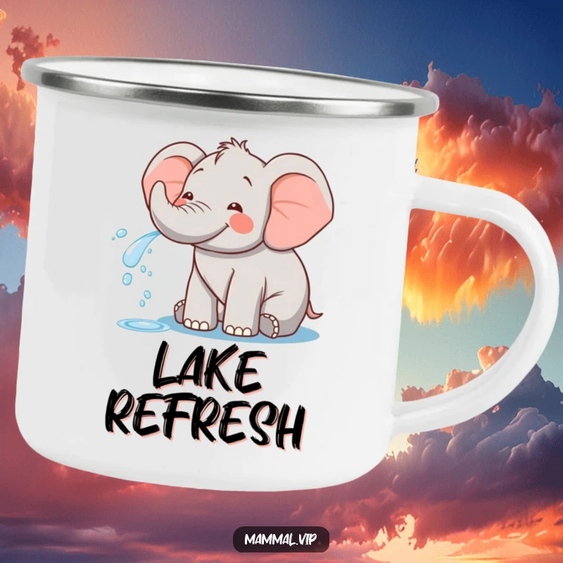 Funny camping mug with a happy elephant character playfully spraying water, perfect for outdoor enthusiasts who love a splash of fun.