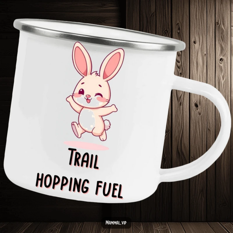 Funny bunny character playfully hopping with joy, on a durable funny camping mug.