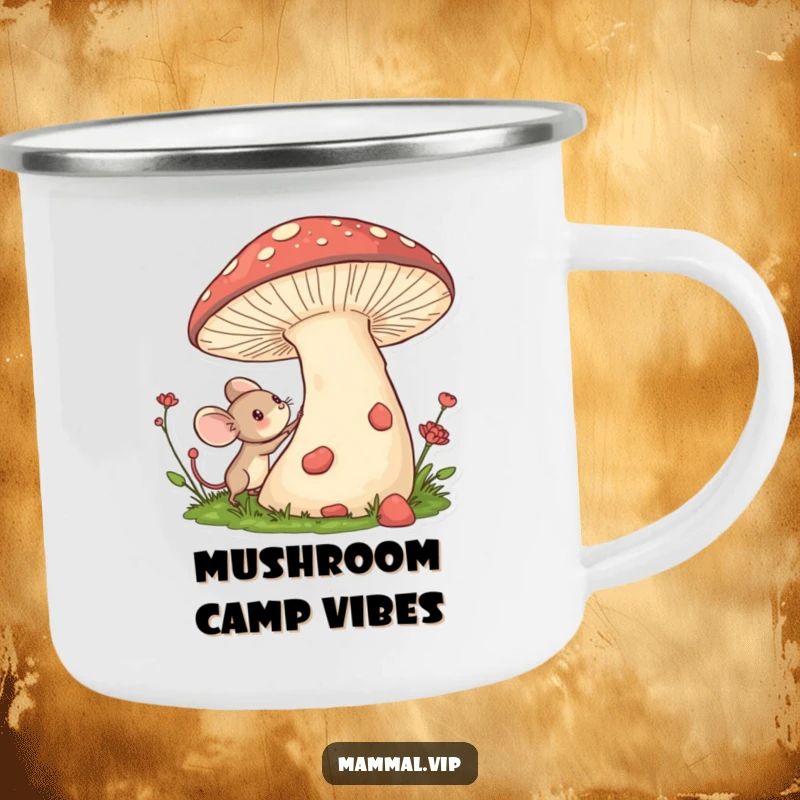 Funny camping mug featuring a tiny mouse character exploring a giant mushroom, perfect for enjoying drinks outdoors.