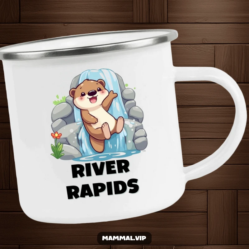 Funny otter sliding down a waterfall camping mug, showing a playful character with glee, perfect for outdoors and a funny gift.